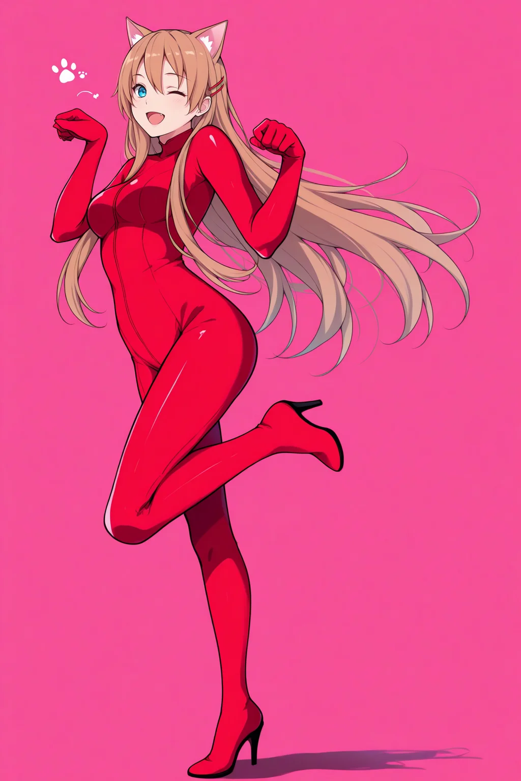masterpiece, best quality, 1girl, solo, <lora:hiiragiasuka-illu-nvwls-v1-000006:1> txasuka, light brown hair, long hair, blue eyes, hairclip, red bodysuit, catsuit, wink, high heels, one leg up, paw pose, happy, open mouth, looking at viewer, cat ears, full body