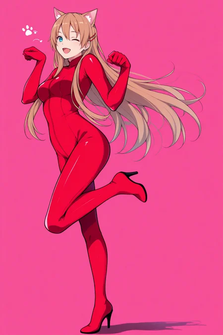 masterpiece, best quality, 1girl, solo, <lora:hiiragiasuka-illu-nvwls-v1-000006:1> txasuka, light brown hair, long hair, blue eyes, hairclip, red bodysuit, catsuit, wink, high heels, one leg up, paw pose, happy, open mouth, looking at viewer, cat ears, full body