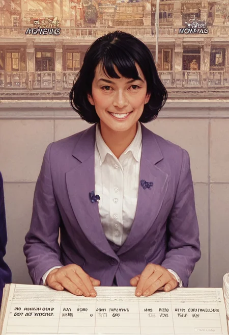 score_9, score_8_up, score_7_up, norman rockwell style, a woman with 80's style hair, black hair, purple suit jacket, white shirt, japanese text, fake screenshot, news, smiling