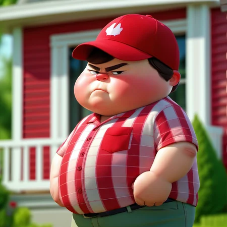 a fat little boy wearing a red plaid shirt and red cap, suburban house background   <lora:SamaritanEsdxl:0.7>
