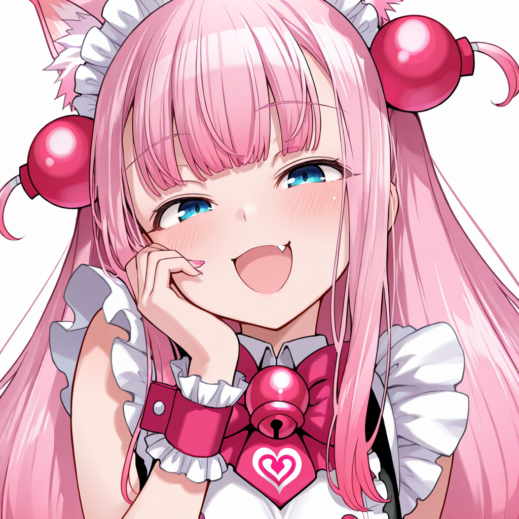 <lora:momokoIL:1>,momoko \(bombergirl\),score_9,score_8_up. score_7_up,masterwork,masterpiece,1girl,solo,bow, fang, bell,  looking at viewer, two side up, wrist cuffs, pink nails, :d, jingle bell, pink bow, bangs, animal ear fluff, simple background, bowtie, maid headdress, sleeveless