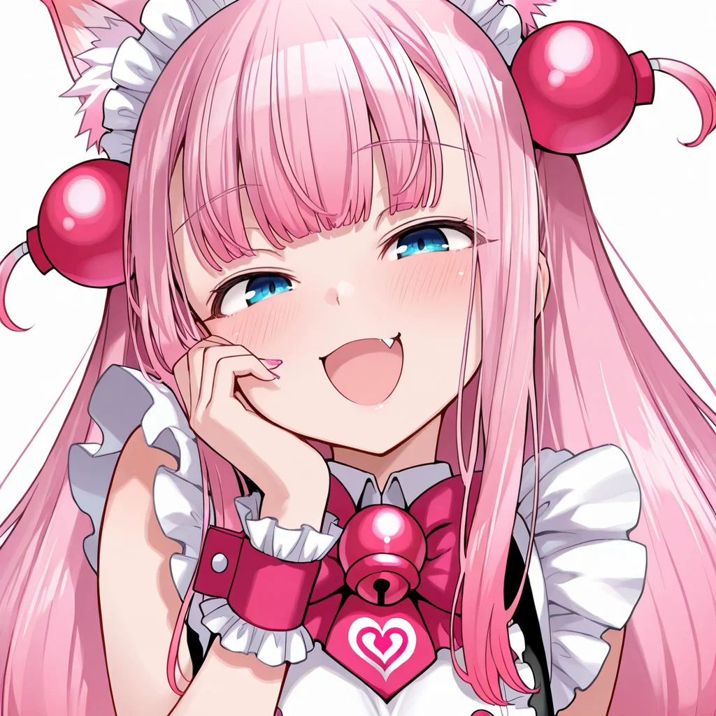 <lora:momokoIL:1>,momoko \(bombergirl\),score_9,score_8_up. score_7_up,masterwork,masterpiece,1girl,solo,bow, fang, bell,  looking at viewer, two side up, wrist cuffs, pink nails, :d, jingle bell, pink bow, bangs, animal ear fluff, simple background, bowtie, maid headdress, sleeveless