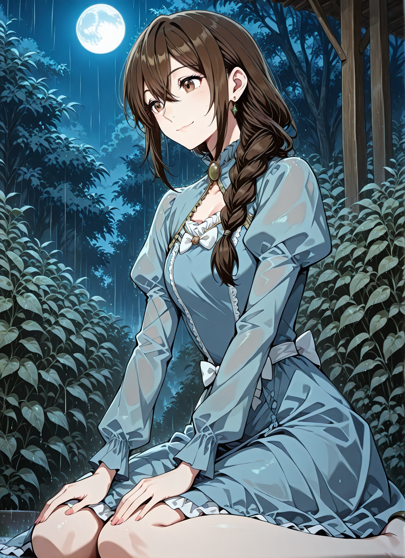 <lora:Lilia_Helstea__The_Beginning_After_the_End__Illustrious:1>
1 girl, solo, brown hair, brown eyes, long hair, hair between eyes, single braid
blue dress, long sleeves, puffy sleeves, bow, earrings
score_9, score_8_up, score_7_up, very aesthetic, source_anime, detailed, high quality, beautiful, detailed eyes, masterpiece, best quality, absurdres, perfect anatomy, 1girl, solo, wariza, sitting, hands on own knees, garden background, charming smile, rain, night, blue moon, <lora:iLLMythG0thicL1nes:1>