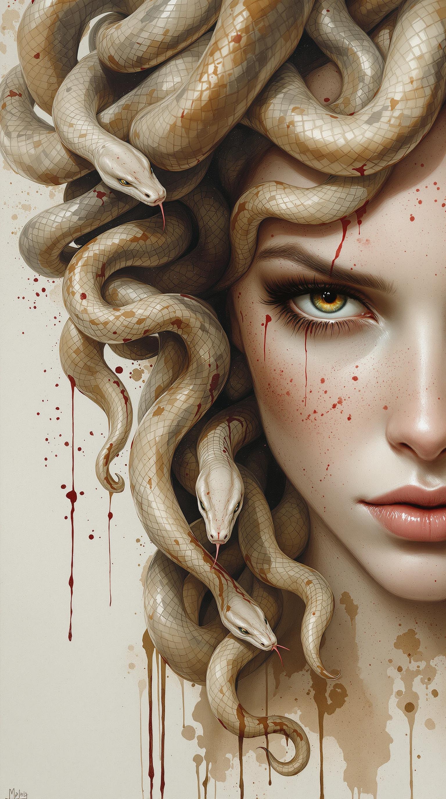 A woman with Medusa-like snakes in her hair, close-up portrait.  Hyperrealistic style, with painterly, impressionistic brushstrokes and texture.  The woman's face has a serious, intense expression, and her eyes are striking.  Her skin is a pale, muted tone with subtle freckles and streaks of dark, bloody texture.  The snakes are a mixture of muted grays, browns, and tans, with detailed scales, and are draped over her head and neck in a flowing pattern.  Dripping, dark red blood or crimson stains appear in places, adding drama and enhancing the mythological theme.  Paint is loosely applied, yet precise in details about the texture on the face, snakes, and skin tone.  The background is a soft, muted color scheme, with splashed, watercolor-like effects in browns, beiges, and grays.  The overall composition is dramatic and evocative of a mythical creature.   Heavy use of texture and shading.
