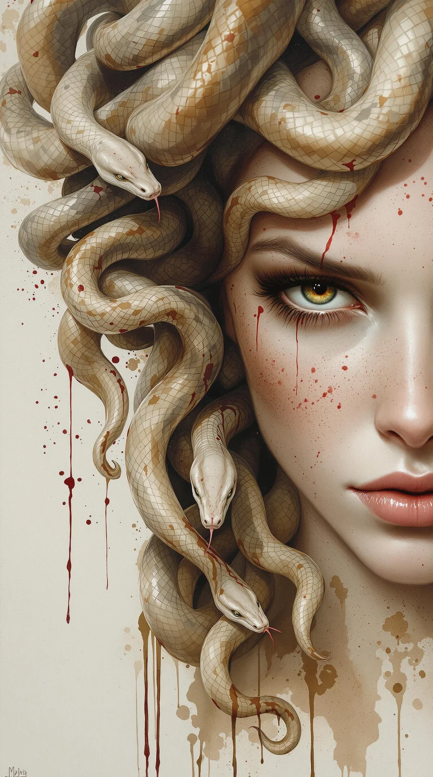 A woman with Medusa-like snakes in her hair, close-up portrait. Hyperrealistic style, with painterly, impressionistic brushstrokes and texture. The woman's face has a serious, intense expression, and her eyes are striking. Her skin is a pale, muted tone with subtle freckles and streaks of dark, bloody texture. The snakes are a mixture of muted grays, browns, and tans, with detailed scales, and are draped over her head and neck in a flowing pattern. Dripping, dark red blood or crimson stains appear in places, adding drama and enhancing the mythological theme. Paint is loosely applied, yet precise in details about the texture on the face, snakes, and skin tone. The background is a soft, muted color scheme, with splashed, watercolor-like effects in browns, beiges, and grays. The overall composition is dramatic and evocative of a mythical creature. Heavy use of texture and shading.