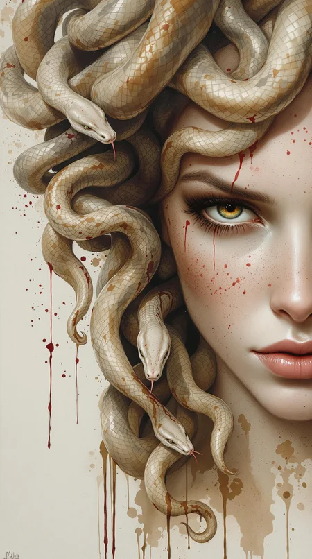 A woman with Medusa-like snakes in her hair, close-up portrait. Hyperrealistic style, with painterly, impressionistic brushstrokes and texture. The woman's face has a serious, intense expression, and her eyes are striking. Her skin is a pale, muted tone with subtle freckles and streaks of dark, bloody texture. The snakes are a mixture of muted grays, browns, and tans, with detailed scales, and are draped over her head and neck in a flowing pattern. Dripping, dark red blood or crimson stains appear in places, adding drama and enhancing the mythological theme. Paint is loosely applied, yet precise in details about the texture on the face, snakes, and skin tone. The background is a soft, muted color scheme, with splashed, watercolor-like effects in browns, beiges, and grays. The overall composition is dramatic and evocative of a mythical creature. Heavy use of texture and shading.