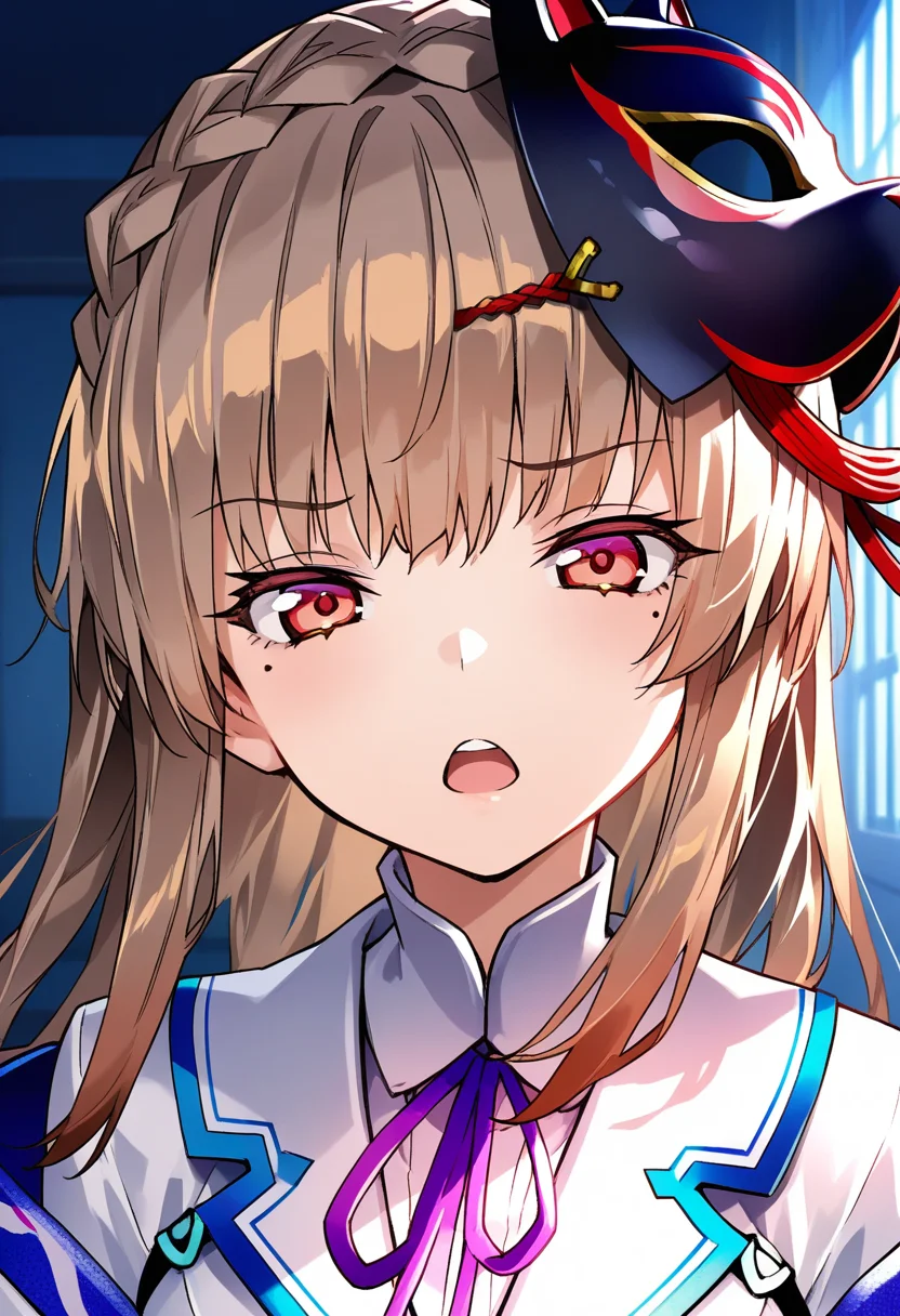 masterpiece, highres, 8k, kiryumiya, seraph, 1girl, solo, long hair, looking at viewer, mole, mole under eye, jealous, open mouth, bangs, brown hair, red eyes, red cheeks, crown braid, upper body , fox mask, mask on head <lora:kiryu_miya_IL_XL_V1:1>