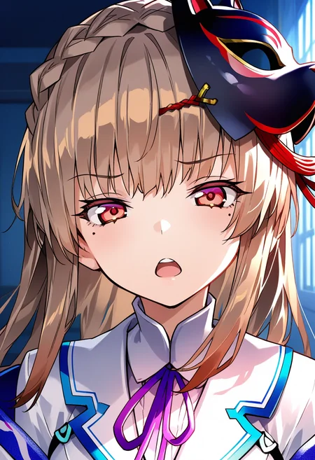 masterpiece, highres, 8k, kiryumiya, seraph, 1girl, solo, long hair, looking at viewer, mole, mole under eye, jealous, open mouth, bangs, brown hair, red eyes, red cheeks, crown braid, upper body , fox mask, mask on head <lora:kiryu_miya_IL_XL_V1:1>