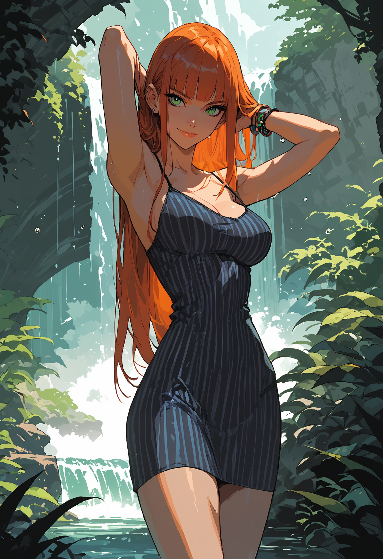 score_9, score_8_up, score_7_up,source_anime,1girl,solo,ginger hair,long hair,straight hair,blunt bangs,green eyes,perfecteyes,eyebrows,hair behind ear,busty,perky breasts,tank dress,striped dress,spaghetti straps,bare shoulders,sleeveless,bracelet,waterfall,vegetation,bridge,standing on bridge,waterfall behind her,water droplets,looking at viewer,facing viewer,hands behind head,sinozick,flat colors,closed mouth,smile