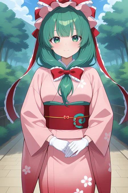 absurdres, highres, masterpiece, best quality, amazing quality, official anime artwork, screencap, anime screencap, outdoors, looking at viewer,  light smile, 
 <lora:Hina-Kagiyama_Illustrious:1> kagiyama hina, 1girl, solo, green eyes, green hair, long hair, front ponytail,, kagiyama hina \(secluded spring cleansing\), alternate costume, hair ribbon, red ribbon, poke bonnet, pink bonnet, japanese clothes, pink kimono, animal print, white print, wide sleeves, yukata, white gloves,