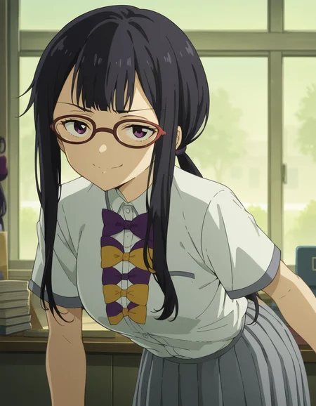 score_9, score_8_up, score_7_up, source_anime, <lora:koto-tsukinoko-alpha-ponyxl-lora-nochekaiser:1>, koto tsukinoko, long hair, bangs, black hair, purple eyes, sidelocks, glasses, low-tied ponytail,, skirt, shirt, bow, school uniform, white shirt, short sleeves, pleated skirt, bowtie, yellow bow, grey skirt, yellow bowtie, purple bow, purple bowtie,, indoors, bent over, smile, smug, looking at viewer, solo,, cowboy shot, dutch angle