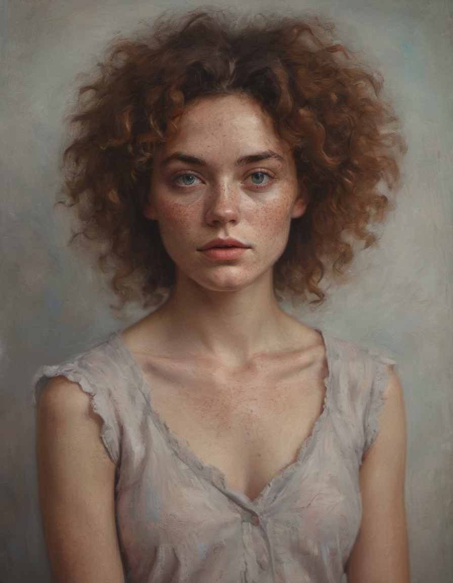 a bright portrait of a woman with expressive eyes curly hair freckles soft lighting pastel colors beauty fashion