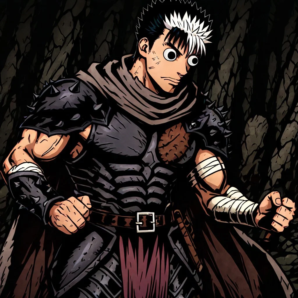 masterpiece, best quality, newest, absurdres, highres, anime, anime style, GUGIL-V1.0, googly eyes, 1boy, guts_(berserk), spiked hair, muscular male, multicolored hair, black hair, white hair, armor,