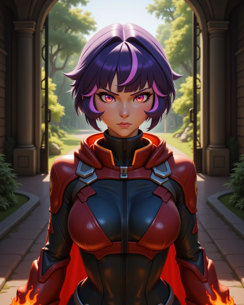 wide shot, looking at viewer, outdoors daylight, 20 year old woman, Embittered with a scowling face, lips pursed tightly, and eyes hardened with resentment.
<lora:Overwatch_-_Juno_v2-000030:1> o-juno a 20 year old adult woman with purple eyes and multicolored hair with bangs
a fiery-themed heroine with glowing red eyes, wearing a dark red and black suit with flame patterns, a flowing cape, and molten lava-like accents,
A woman stands in front of a tall, wrought-iron gate, her hand resting lightly on the cold metal as she gazes into the overgrown garden beyond.