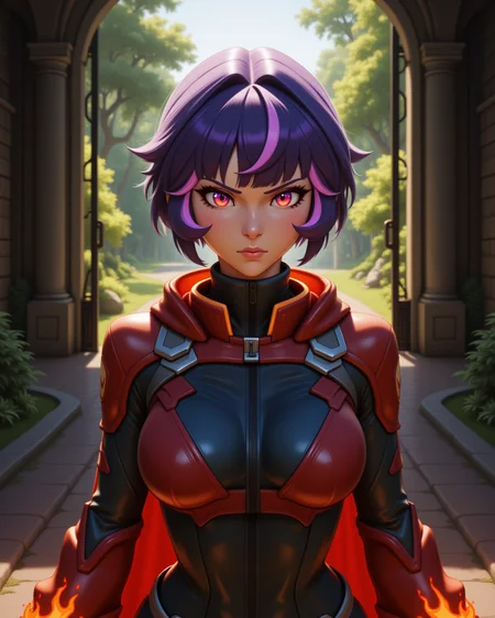 wide shot, looking at viewer, outdoors daylight, 20 year old woman, Embittered with a scowling face, lips pursed tightly, and eyes hardened with resentment.
<lora:Overwatch_-_Juno_v2-000030:1> o-juno a 20 year old adult woman with purple eyes and multicolored hair with bangs
a fiery-themed heroine with glowing red eyes, wearing a dark red and black suit with flame patterns, a flowing cape, and molten lava-like accents,
A woman stands in front of a tall, wrought-iron gate, her hand resting lightly on the cold metal as she gazes into the overgrown garden beyond.