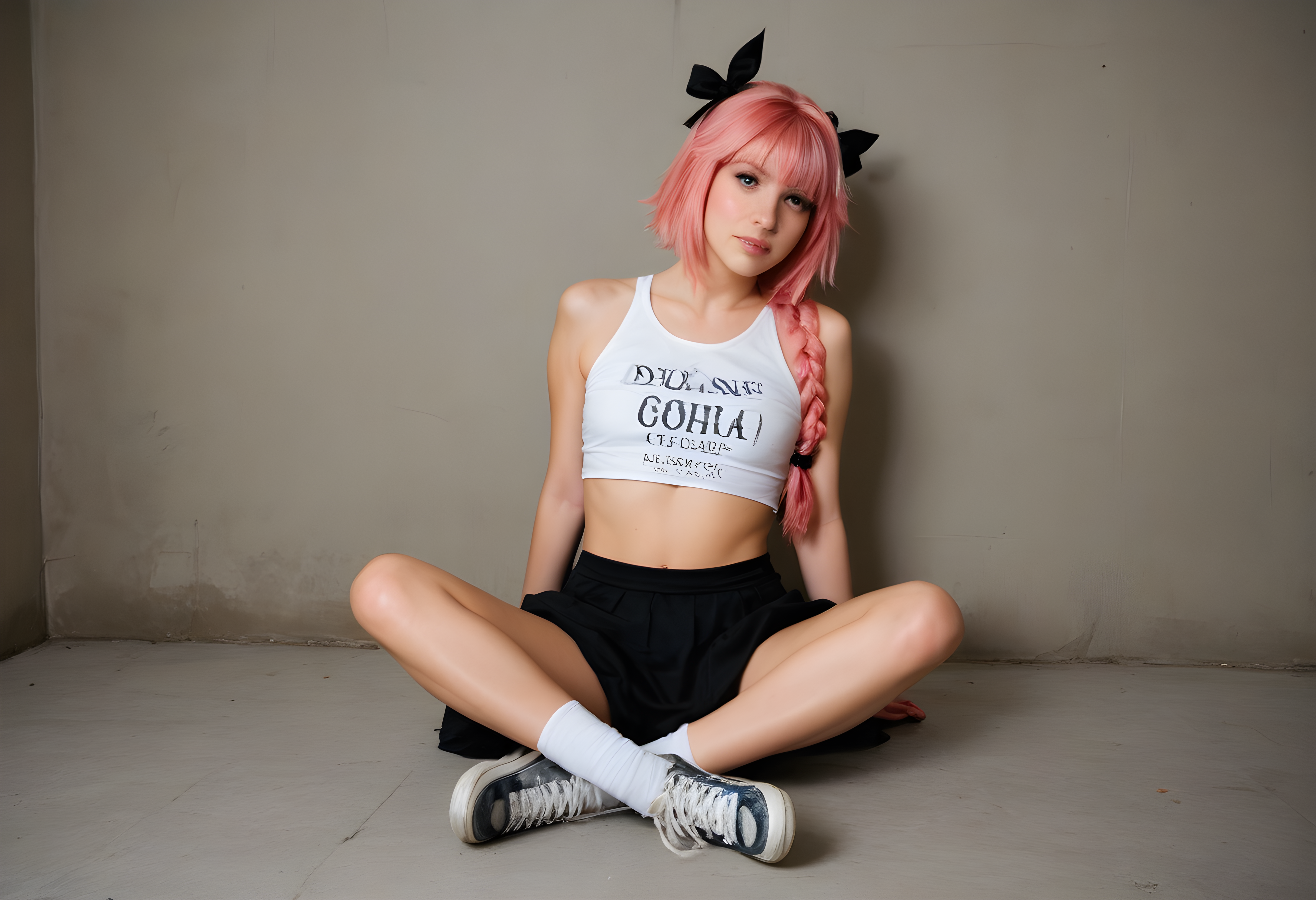score_9, score_8_up, score_7_up, BREAK, The image shows a woman with pink hair sitting on the ground wearing a black and white dress, white socks, and white shoes. The background is white and there is a watermark in the bottom right corner. realistic, astolfo \(fate\), solo, long hair, 1boy, pink hair, braid, male focus, shoes, socks, crop top, cosplay, single braid, otoko no ko, sneakers, freckles, crossdressing, realistic,  photo, real hair, detailed skin, highly detailed, detailed skin, film grain, <lora:zy_AmateurStyle_v2:0.45>