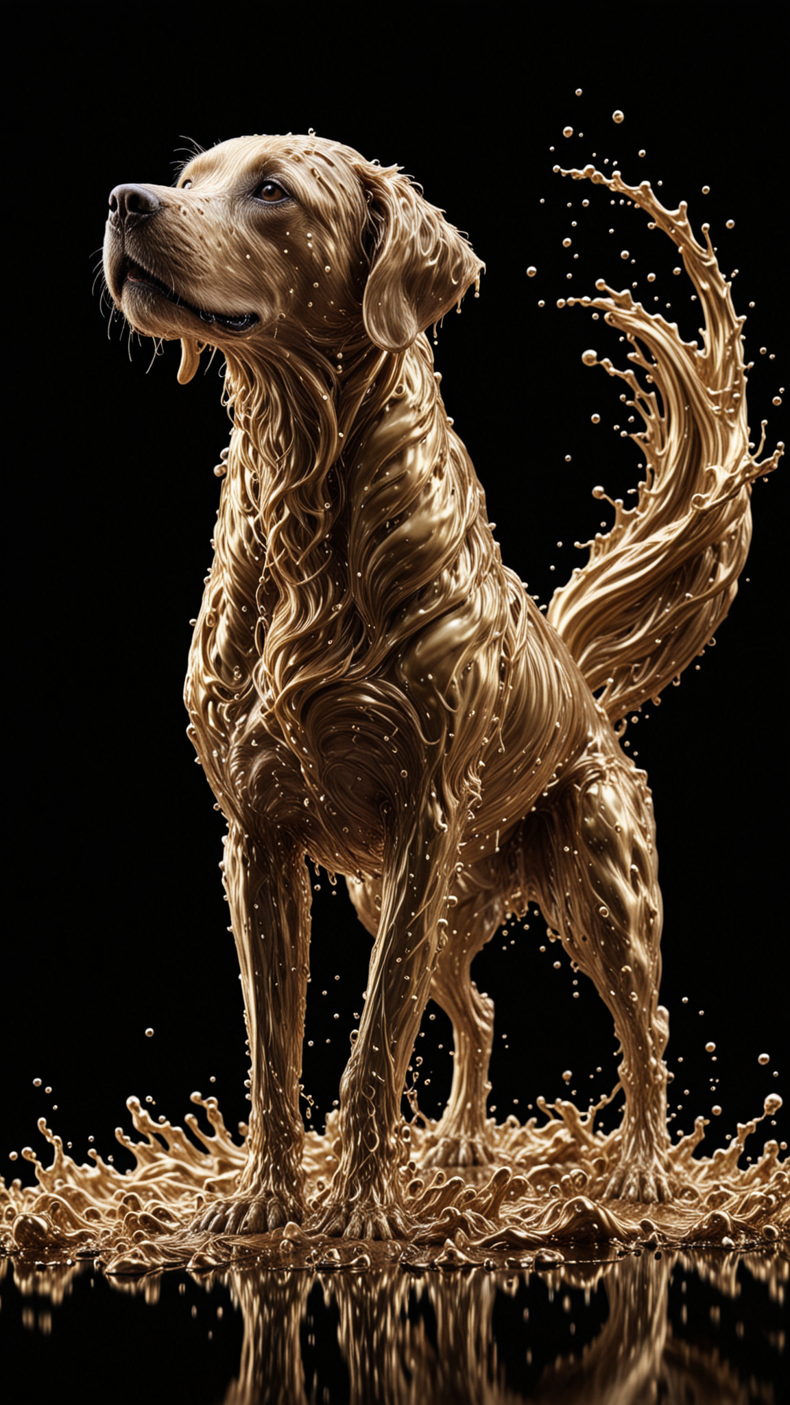 SILVER LIQUID METAL Dog Running through GOLD LIQUID METAL, Liquid metal sprays up from the dogs paws, drifting in a black void, <lora:Liquid_Fluid_Metal_XL_-_By_DICE:0.7>, UHD