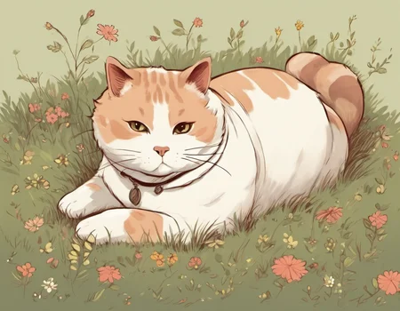 a fat cat lying in grass, jsmn style <lora:jsmnStyle:1>