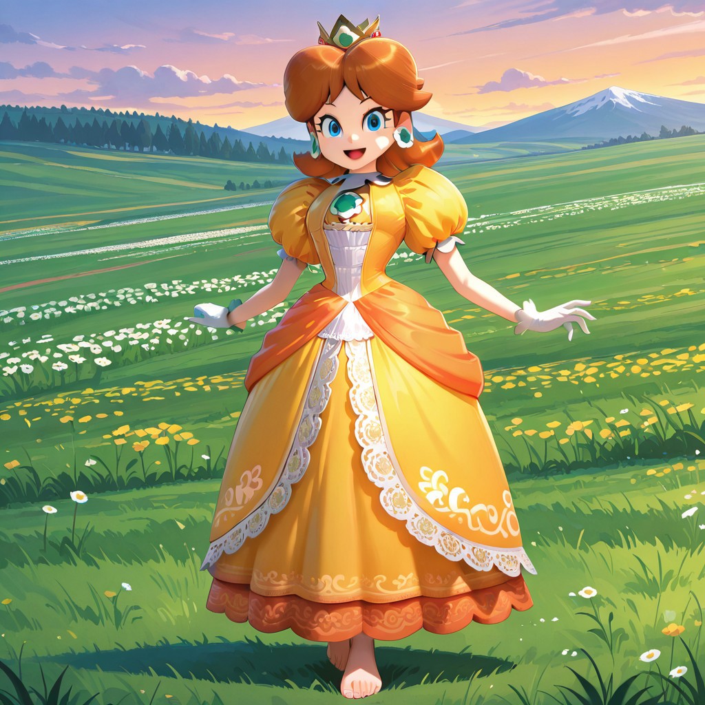<lora:SSBU_Princess_Daisy-15:1>
2d, anime screencap, ssbu_princess_daisy, 1girl, brown hair, blue eyes, jewelry, gloves, earrings, crown, tiara, puffy shoulders, orange dress,
amazing quality,very aesthetic,absurdres,newest,
outdoors, meadow, looking at viewer,  smile, :D, full body, feet, barefoot,