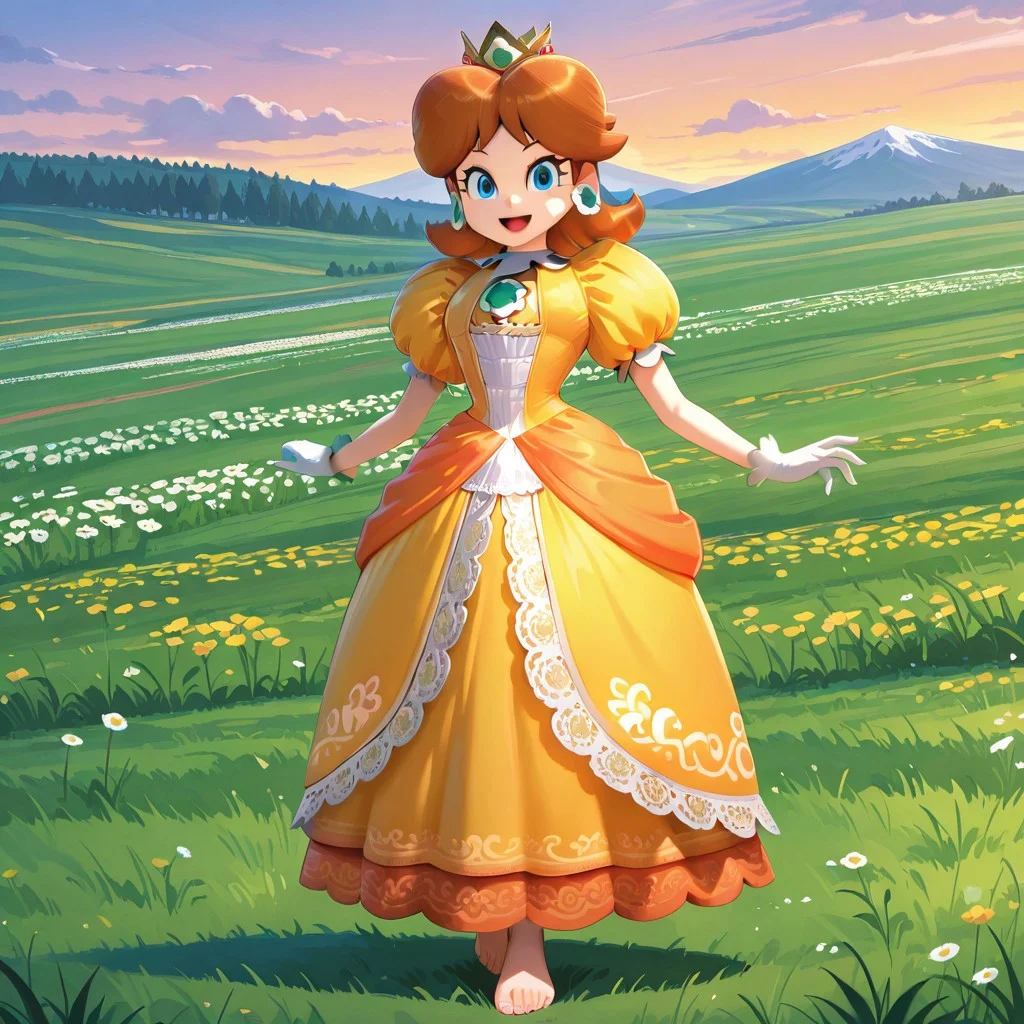 <lora:SSBU_Princess_Daisy-15:1>
2d, anime screencap, ssbu_princess_daisy, 1girl, brown hair, blue eyes, jewelry, gloves, earrings, crown, tiara, puffy shoulders, orange dress,
amazing quality,very aesthetic,absurdres,newest,
outdoors, meadow, looking at viewer, smile, :D, full body, feet, barefoot,