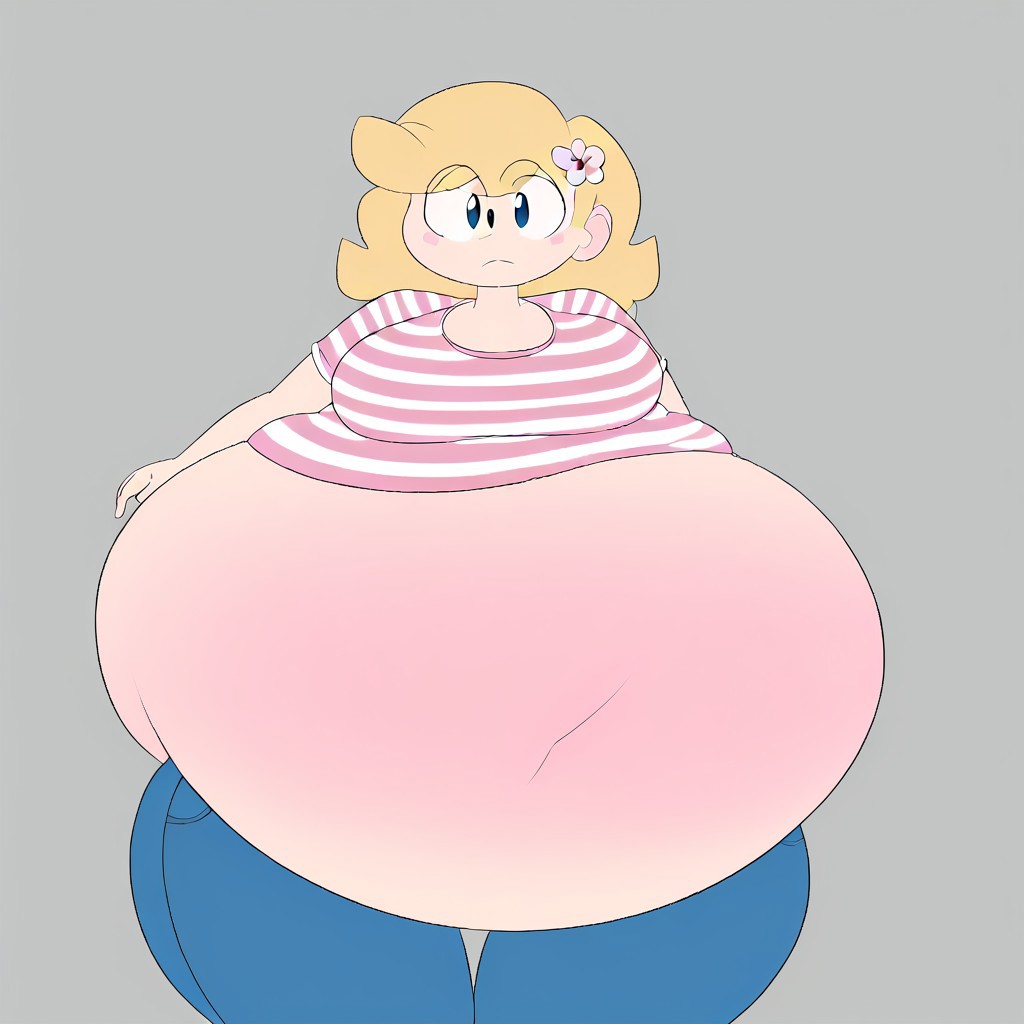 HappyLikeAWall, 1girl, black eyes, single hairflower, closed mouth, blue eyes, blonde hair, pink striped shirt, jeans, gigantic belly,