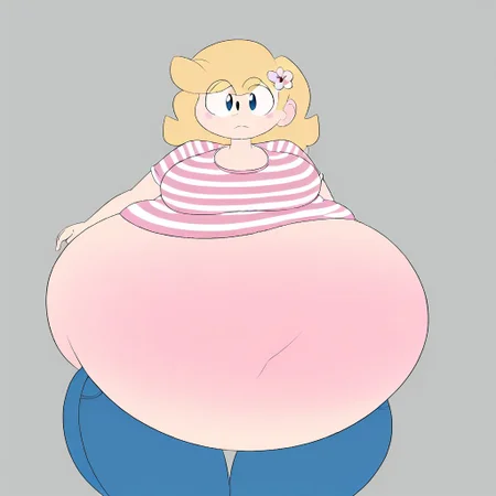 HappyLikeAWall, 1girl, black eyes, single hairflower, closed mouth, blue eyes, blonde hair, pink striped shirt, jeans, gigantic belly,