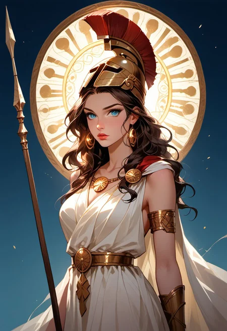 Stable_Yogis_PDXL_Positives, (score_9, score_8_up, score_7_up), ((zPDXL3)), ((zPDXLxxx)), ((Greek mythology style)), ((face focus, eye focus, dynamic angle, motion)), 1girl, solo, fantasy, (greek_athena, helmet ontop of head, brown hair, long hair, toga, armor, sandals), ((sheer material, silk, semi-transparent clothes)), (ancient greek clothes), (armor), (holding spear), lace, cape, breathless intimacy, tanned skin, petite model bombshell, heart, young, delicate features, narrow pointy nose, tiny nose, lust, big eyes, seductive eyes, blue eyes, detailed skin, flared lashes, mascara, makeup, perky huge breasts, athletic body, narrow waist, skinny hips, 
warm light, detailed, neon dark party
 BREAK
milky way, runes, arcane, astral, surreal, ethereal glow, masterpiece, best quality, intricate design. colorful, moonlit nightsky, stained glass aesthetic, moody whimsical color palette, murano glass, bold soldering lines, volumetric light shining through, crepuscular rays, intricate craftsmanship, detailed texture, luminous transparency, reflective light play, vivid hues, atmospheric depth, enchanting silhouette, art nouveau,
