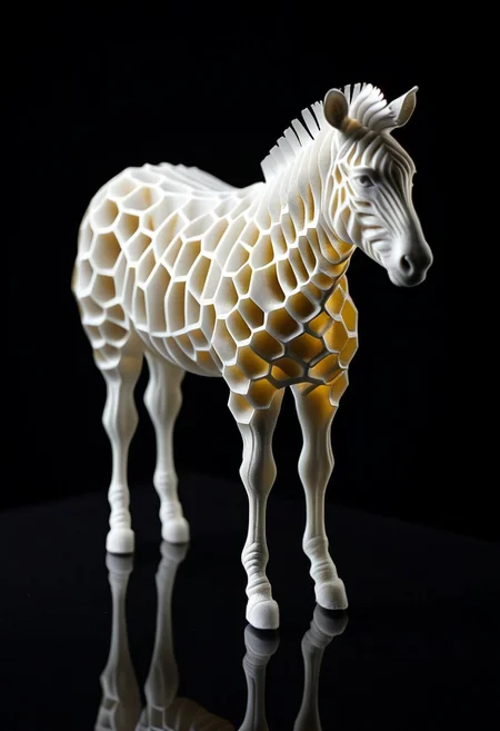 8K analog photo, 3d printed shilver zebra Statue made of Honeycomb Structure, WhiteMold, Walking, dark background, minimalist,