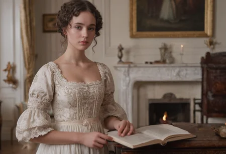 Jane Austen-inspired Regency era fashion, wearing an elegant empire waist gown with intricate embroidery, lace trim, and puffed sleeves, her hair styled in delicate ringlets adorned with a ribbon, standing in a grand Georgian drawing room filled with period furniture and a warm fireplace, holding a leather-bound book, with a serene and graceful expression, cinematic lighting, 8k, highly detailed, award-winning, trending on artstation, Zeiss lens