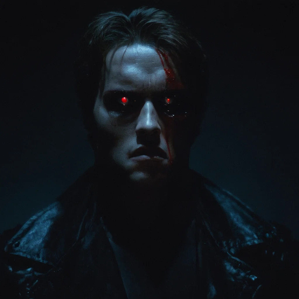 Horror-themed, <lora:Terminator style:0.8>
In the 1980's Terminator a man with a bloody face and 1eye red and a metallic skin,solo,looking at viewer,1boy,closed mouth,male focus,hand up,blood,heterochromia,black background,portrait,blood on face,black sclera,kaneki ken , horror themed, dark themed, low key light, dramatic light, dramatic shadow light, contrast, cinematic color, cinematic look, filmic, realistic, realism, perfection, perfect, Kodak, Kodak film, movie still, Terminator style, The Terminator 1984 Film style, Eerie, unsettling, dark, spooky, suspenseful, grim, highly detailed