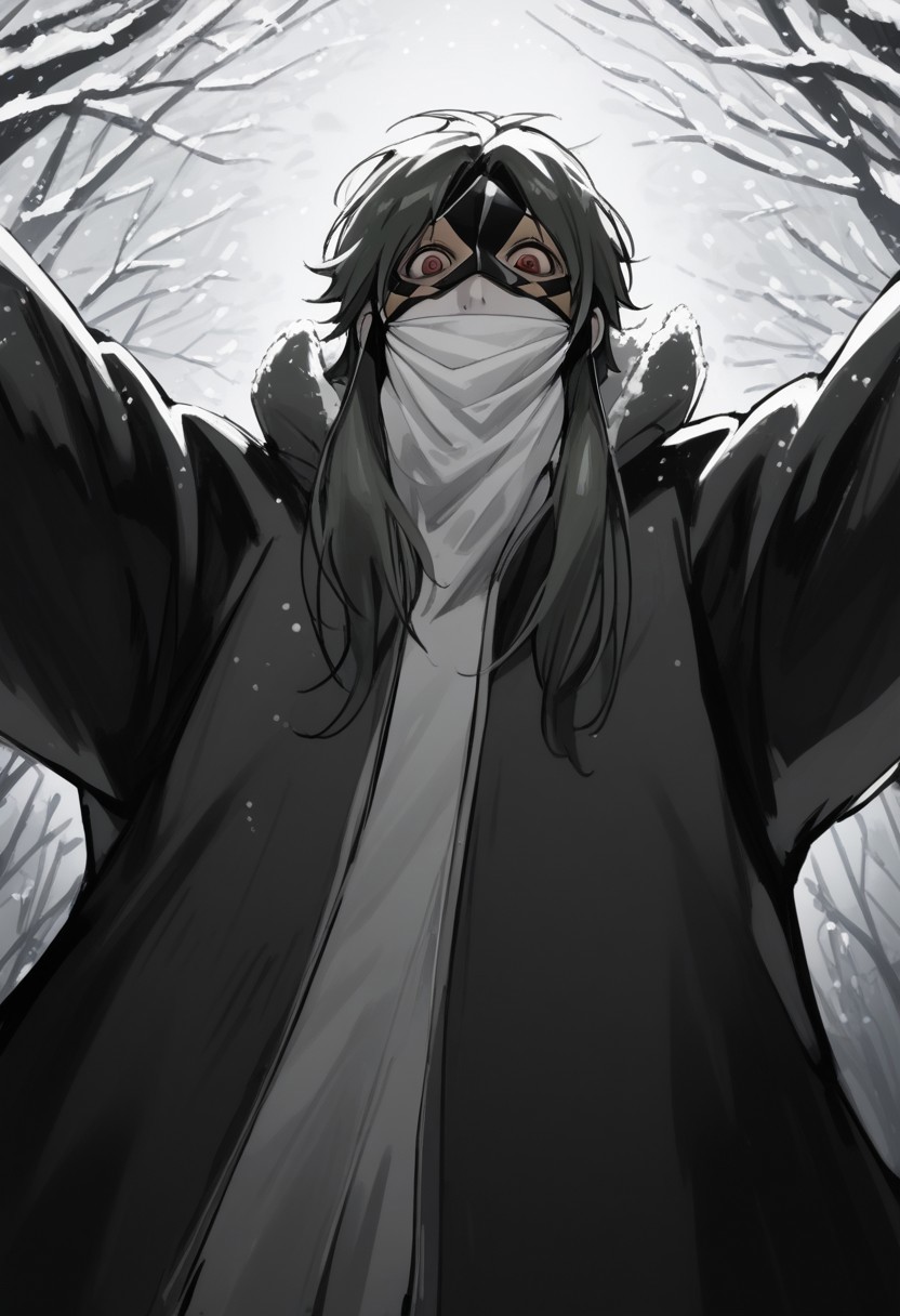 score_9, score_8_up, score_7_up, source_anime, rating_explicit, monochrome, snowing, IthnanMAGI, (dark green_Ithnan_hair), red_Ithnan_eyes, 1boy, male focus white_Ithnan_mouth mask, jacket, winter clothes, outstretched arms, creepy wide eyed, shaded face, looking down, hands with five fingers, from below, horror (theme),