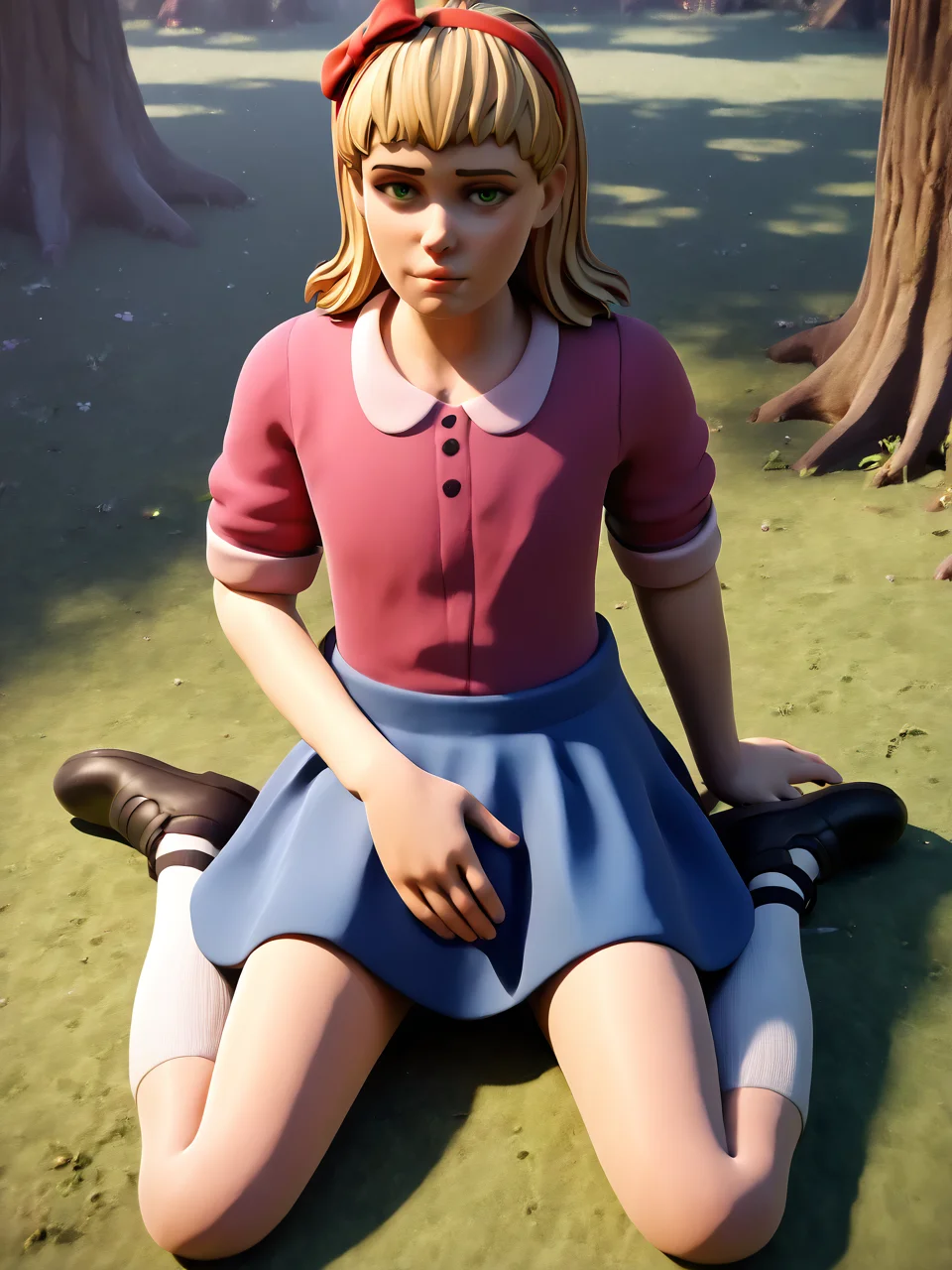 score_9, score_8_up, score_7_up, score_6_up, BREAK, EliAfton, 1girl, solo, blonde hair, green eyes, hairband, hair bow, pink shirt, blue skirt, white socks, black shoes, looking at viewer, in the forest, sitting on the ground <lora:Elizabeth_Afton:1>