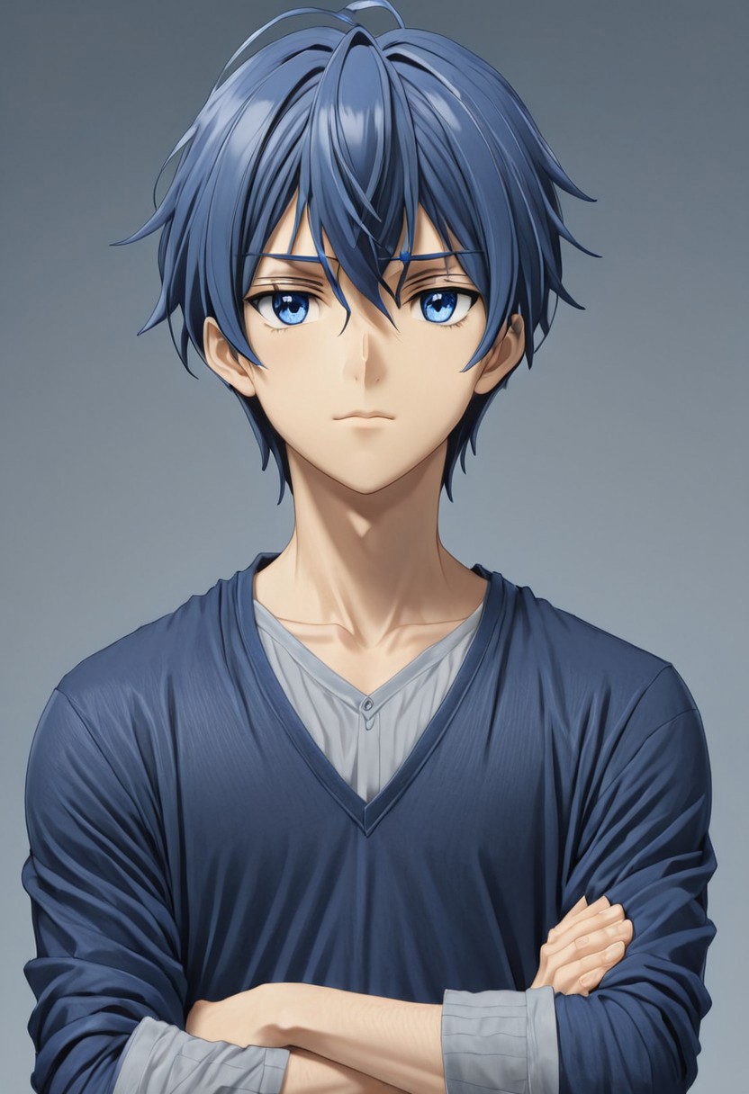 high resolution, solo, best quality, 1Boy, Tomoya Okazaki, Grey Blue Hair, blue eyes, Arms crossed, V-neck accentuated, stylish, confident,