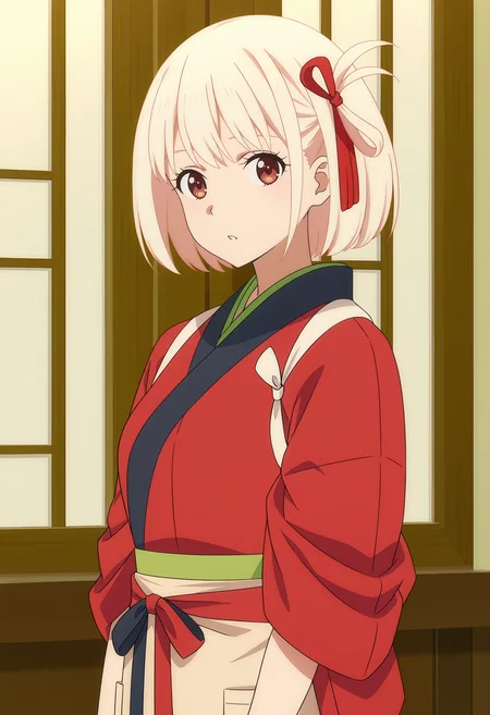 <lora:Chisato&Takina_Illustrious-000056:1>,
Chisato NISHIKIGI,japanese clothes,kimono,red kimono,indoors,looking at viewer,apron,parted lips,tasuki,bob cut,
1girl,solo