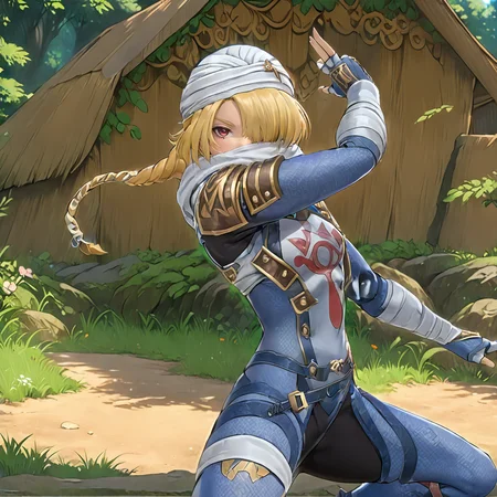 1girl, blonde hair, alt pose, red eyes, blue outfit, <lora:SheikXL:.9>, (anime, masterpiece, intricate:1.3), (best quality, hires textures, high detail:1.2), (4k),(incredibly detailed:1.4),UHD, 8K, ultra detailed