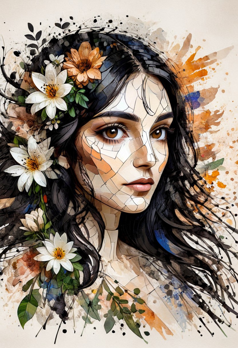 InkMosaic, a portrait of a woman with flowers in her long black hair, brown eyes