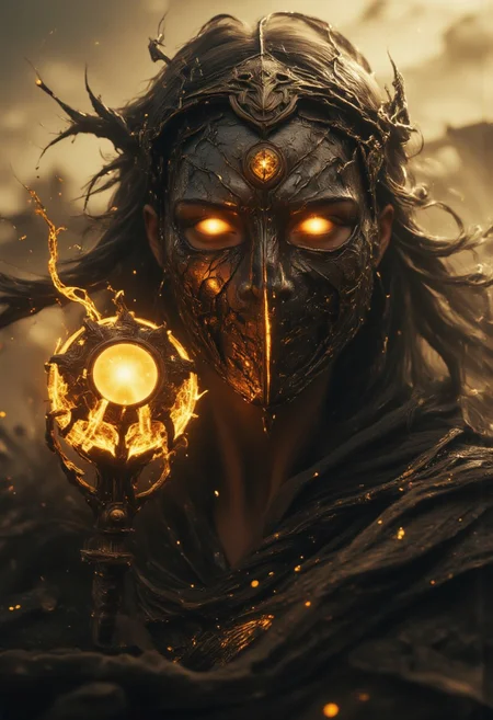A hyper-detailed, cinematic close-up of a godly figure, her face partially obscured by an ancient, cracked mask resembling a blend of divine and futuristic elements. The mask's surface is weathered, with sharp, jagged ridges and intricate, mechanical etchings, reflecting a history lost to time. Glowing amber slits form the eye sockets, burning with an otherworldly light, like fractures in the metal. Her flowing cloak, torn and billowing from a fierce, otherworldly wind, creates a powerful motion in the air. In her hand, she wields a mighty scepter, its surface adorned with arcane symbols that hum with energy. In the background, the winds of a desolate, post-apocalyptic landscape whip around, sending dust particles flying through the air, illuminated by fractured beams of harsh light. The scene is filled with intensity, as the focus remains sharp on her glowing eyes and the scepter, while the mask and decaying environment blur into an ethereal, forgotten haze. The power of the god is palpable, as if she's about to unleash a storm upon the world.