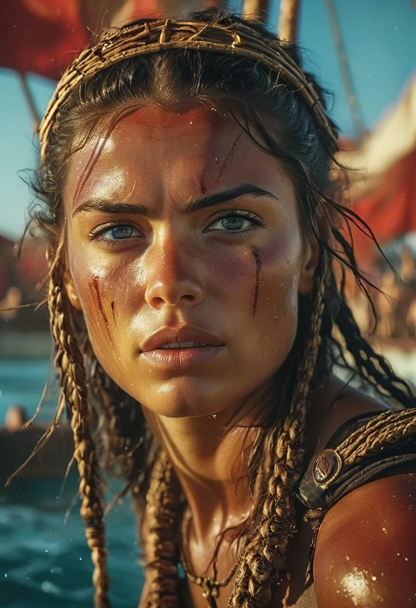 photo in phst artstyle, Closeup image of a giant tanned and extreme muscular fit woman with brown eyes wearing rough and outworn Desert themed armor amidst a wild blue SEA, resembling an ancient gladiator, The boat is a massive wooden galley with vibrant yet bleaked translucent red sails, adorned with an ancient Atlantean emblem. The galley floats quietly on a calm, pale sea under a nearly clear sky with few clouds, in sweltering heat.
The background is detailed and atmospheric, with a haze adding to the cinematic quality of the image. The overall mood is epic and moody, with a high-budget, cinemascope feel. The image has a film grain and is very detailed, reminiscent of a 2000s vintage RAW photo, with a photorealistic, candid camera effect. The color grading is cinematic, with eye-catching light and natural imperfections, captured with a shallow depth of field.