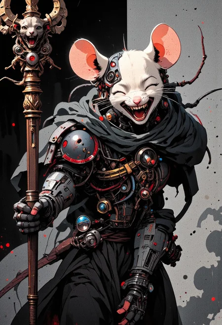 A hyper-detailed analog photo of a laughing anthropomorphic Mouse cyborg in the style of ck-ncr, captured in a dynamic and aggressive combat stance. Her radiant smile exudes confidence and defiance, highlighting the duality of her being: half of her face is organic, glowing with fiery freckles and warm, soft skin, while the other half reveals an intricate network of exposed wiring, microprocessors, and metallic plating. Her mechanical eye softly glows with an intense, almost mischievous energy, perfectly complementing her fierce expression.
In her hand, she wields a richly adorned combat staff, its surface carved with intricate designs that spiral upward to a finely detailed cat's head at the top. The staff's faded red highlights contrast sharply against the stark monochrome palette of the scene, drawing the viewer's focus.
The monochrome color scheme dominates, with deep blacks, brilliant whites, and a spectrum of grays, punctuated by subtle, worn red tones that add an eerie vibrance to the composition. Volumetric lighting casts dramatic shadows across her metallic and organic features, emphasizing her poised, battle-ready stance. The hazy, hyperpunk-inspired backdrop features smoky contrasts and sleek, futuristic elements, framing the mouse cyborg as a powerful and enigmatic combatant locked in a moment of raw energy and defiant joy. mythp0rt