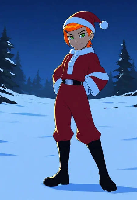 Score_9, score_8_up, masterpiece, best quality, high quality, Gwen_Tennyson, 1girl, solo, orange hair, short hair, green eyes, earrings, santa Claus suit, black belt, santa Claus hat, black boots, outdoors, snow,  <lora:GwenTennyson_Ben10_illustrious_Leaf1-000019:1>, looking at viewer, fullbody,