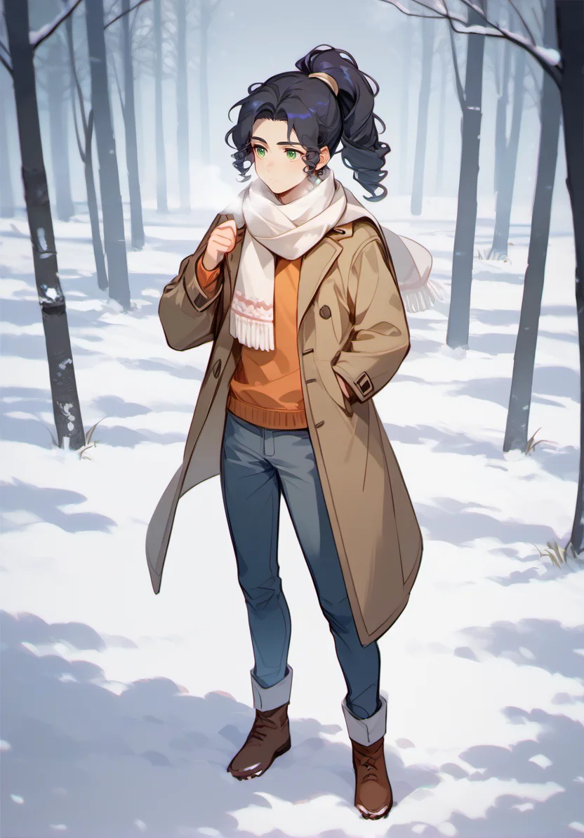 score_9, score_8_up, score_7_up, masterpiece, best quality, 1boy, solo, yong boy, <lora:MaiLanPony:1> meilan, ponytail, black hair, green eyes, full body, orange sweater, jeans, coat, scarf, winter, snow