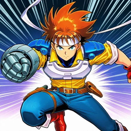masterpiece, best quality, amazing quality, very aesthetic, absurdres, newest, 1boy, arthuffl3 with a cyborg arm, brown-orange hair, long white headband, blue shoulder pads, white breastplate, yellow shirt with rolled sleeves, blue jeans, belt with holster, red fingerless gloves, red boots, ((action pose)), close up, looking at viewer, cyborg arm, robot arm