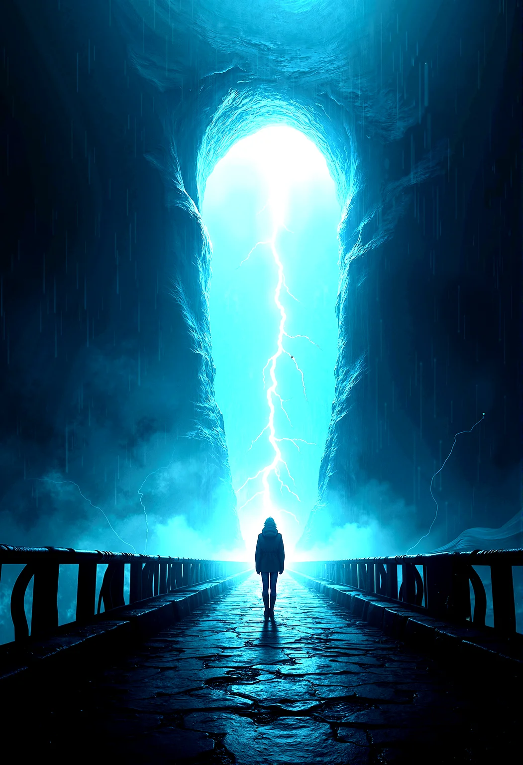 extremely photorealistic depiction of The last frontier, A person stands before a massive, illuminated tunnel, ready to step into the unknown.A long, seemingly endless bridge leading to the glowing tunnel.A dark, stormy environment with constant lightning strikes and electrified air.