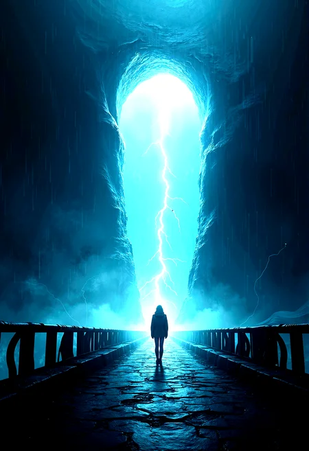 extremely photorealistic depiction of The last frontier, A person stands before a massive, illuminated tunnel, ready to step into the unknown.A long, seemingly endless bridge leading to the glowing tunnel.A dark, stormy environment with constant lightning strikes and electrified air.
