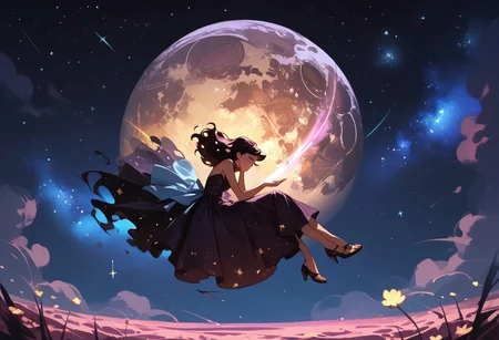 score_9, score_8_up, score_7_up, score_6_up, 1girl, ethereal, rated_safe, full body, floating, celestial beauty, fetal position, slinky night gown made of cosmic dust, swirling clouds of dark matter enfold her, cosmic background,trippy pink stars, shooting stars