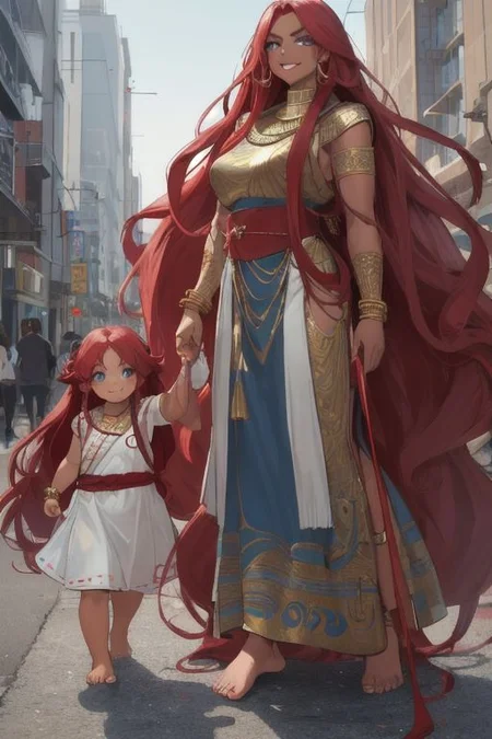masterpiece, best quality, ultra realistic, 8k uhd, very high quality, extremely detailed face, very tall and very muscular Egyptian-Japanese mother standing and carrying her female toddler, smiling and happy, ((extremely dark skin as well as bright blue eyes and absurdly long ruby red hair)), super long ruby red hair, (intricate golden bracelets and anklets, barefoot), matching sleeveless robes, matching clothes, city background