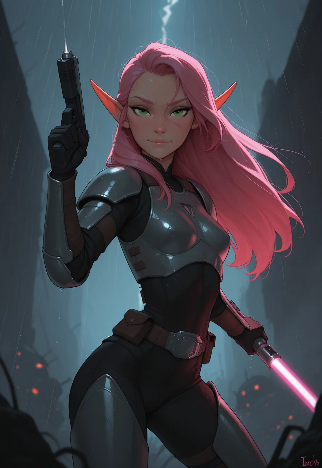 masterpiece, best quality, amazing quality, very aesthetic, DISNEY_ANIMATION, incoth, (incase:0.6), female, solo, (depth of field), outoors, sci-fi, futuristic, raining, battlefield,
elf, pink hair, green eyes, cute face, slim, small breasts, long hair swept to one side, beautiful, kawaii, (short ears), serene expression,
mandalorian armor, sleek purple lightsaber,
standing, dynamic pose, battle stance, looking at viewer, laser shots in the air, battle, explosions,