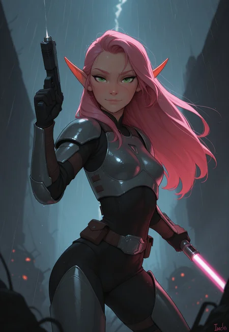 masterpiece, best quality, amazing quality, very aesthetic, DISNEY_ANIMATION, incoth, (incase:0.6), female, solo, (depth of field), outoors, sci-fi, futuristic, raining, battlefield,

elf, pink hair, green eyes, cute face, slim, small breasts, long hair swept to one side, beautiful, kawaii, (short ears), serene expression,

mandalorian armor, sleek purple lightsaber,

standing, dynamic pose, battle stance, looking at viewer, laser shots in the air, battle, explosions,