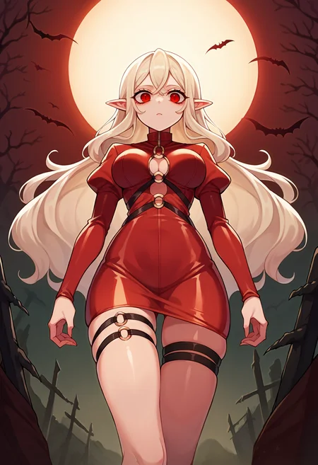 score_9, score_8_up, score_7_up, BREAK, 1girl, shiny skin, horror (theme), extreme perspective, dynamic angle, foreshortening, walking, dramatic, evil eyes, medium breasts, wavy long hair, sidelocks, vampire, red eyes, pointy ears, leather, lace, platinum blonde hair, skindentation, thigh strap, o-ring, outdoors, rim lighting, portrait,