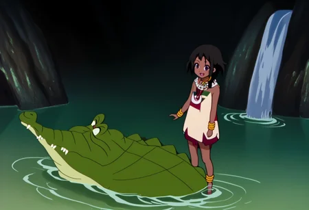 Tick tock crocodile,male animal focus,tail, crocodile , crocodile mouth open,smile ,green skin, blue eyes, Tick Tock the crocodile is giant and very huge size,teeth, crocodile swimming and submerged in the water,Tick Tock the crocodile looking Choi_mochimazzi,Choi_mochimazzi an anime girl, 1girl, looking at viewer, smile, short hair, Choi_mochimazzi sitting down on the crocodile belly. Base - choim, short hair, black hair, red eyes, dark-skinned female,purple eyes, Base Outfit - dress, jewelry, dark skin, necklace, bracelet, wristband, neck ring, anklet, barefoot,river,palm trees, jungle, tropical _island,village, temple,Disney, waterfall,retro_anime, manga,tamako_market